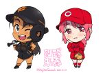 2girls :d ;d artist_name baseball_cap baseball_helmet black_hair black_hole-shaped_pupils black_shoes black_socks blue_eyes blush cincinnati_reds commentary_request dated hair_ornament hat helmet jersey legs long_hair looking_at_viewer multiple_girls one_eye_closed open_mouth original parted_lips pink_eyes pink_hair red_socks sanemichi_hajime shoes short_sleeves simple_background smile socks striped_clothes striped_socks sweatdrop teeth thighs tongue translated twitter_username undershirt upper_teeth_only usami_(sanemichi_hajime) white_background yomiuri_giants 