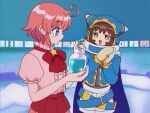  2girls ahoge animal_ear_hood belt belt_buckle black_shirt blue_belt blue_cape blue_eyes blue_hood blue_jacket bow bowtie brown_hair buckle cape center_frills chain commentary_request cowboy_shot film_grain frills hands_up hexagram highres holding_potion hood hood_up indoors jacket kanafumi_(spindle) kirby kirby's_return_to_dream_land_deluxe kirby_(series) looking_at_object magolor mittens multiple_girls open_mouth own_hands_together parted_lips personification pink_hair pink_shirt potion puffy_short_sleeves puffy_sleeves red_bow red_bowtie red_skirt shirt short_sleeves shorts skirt smile sparkle standing star_(symbol) star_in_eye symbol_in_eye white_shorts yellow_eyes yellow_mittens 