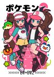  2girls baseball_cap black_pantyhose black_vest brown_hair cutoffs denim denim_shorts donut_hair_bun donutous double_bun exposed_pocket hair_bun hat high_ponytail highres hilda_(pokemon) lizard multiple_girls open_clothes open_vest oshawott otter pantyhose pantyhose_under_shorts pig poke_ball_print pokemon pokemon_(creature) ponytail raglan_sleeves rosa_(pokemon) shorts snivy tepig twintails vest visor_cap wristband yellow_shorts 