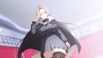  1girl artist_request belt black_belt black_cape black_ribbon black_skirt blonde_hair breasts brown_thighhighs cape closed_mouth colored_eyelashes cowboy_shot forehead from_below fur-trimmed_cape fur_trim game_asset hair_flip hair_ribbon large_breasts long_hair muv-luv muv-luv_girls_garden official_art olga_volkova red_eyes ribbon skirt solo thighhighs third-party_source very_long_hair 