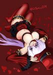  1girl :q absurdres black_thighhighs bob_cut breasts cleavage commentary detached_sleeves double-parted_bangs english_commentary full_body hair_ornament hand_on_own_hat hat hat_belt highres james_(sirjames079) large_breasts long_hair long_sleeves lying midriff navel on_back petals purple_eyes red_background red_hat red_petals senki_zesshou_symphogear simple_background solo thighhighs tongue tongue_out top_hat tsurime twitter_username v-shaped_eyebrows white_hair wide_sleeves yukine_chris 