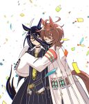  2girls absurdres agnes_tachyon_(tach-nology)_(umamusume) agnes_tachyon_(umamusume) ahoge animal_ears black_choker black_coat black_hair black_shirt black_skirt blush brown_hair choker closed_eyes closed_mouth coat collared_shirt commentary_request confetti cork ear_tag earrings gachitamago hair_between_eyes highres horse_ears horse_girl horse_tail hug jewelry lab_coat long_bangs long_hair long_hair_between_eyes long_sleeves manhattan_cafe_(creeping_shadow)_(umamusume) manhattan_cafe_(umamusume) multicolored_hair multiple_girls necktie open_mouth shirt single_earring skirt sleeves_past_fingers sleeves_past_wrists smile tail test_tube umamusume white_coat white_hair yellow_eyes yellow_necktie 