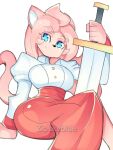 animal_humanoid blue_eyes cat_humanoid felid felid_humanoid feline feline_humanoid female fur hi_res holding_object holding_weapon humanoid mammal mammal_humanoid meredith_(zipskyblue) pink_body pink_fur smile solo weapon zipskyblue