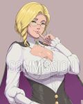  1girl black_cape black_skirt breasts cape cleavage collarbone commission english_commentary finger_to_mouth glasses glynda_goodwitch green_eyes head_tilt high-waist_skirt highres juliet_sleeves large_breasts long_sleeves nalindale puffy_sleeves rwby shirt skirt smile solo upper_body watermark white_shirt 
