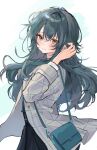  1girl antenna_hair bag black_skirt blush closed_mouth coat commentary_request crossed_bangs from_side gakuen_idolmaster green_bag green_eyes green_hair grey_coat hair_between_eyes hand_up highres idolmaster long_hair long_sleeves looking_at_viewer open_clothes open_coat plaid_clothes plaid_coat ruo_015 shoulder_bag sidelocks simple_background skirt smile solo tsukimura_temari tucking_hair turning_head upper_body very_long_hair white_background 