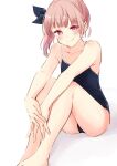  1girl absurdres atelier_(series) atelier_lydie_&amp;_suelle bangs bare_arms bare_legs barefoot blue_bow blue_swimsuit blush bow closed_mouth collarbone eyebrows_visible_through_hair hair_bow highres lydie_marlen minidraco pink_eyes pink_hair school_swimsuit shiny shiny_hair short_hair simple_background sitting smile solo spaghetti_strap swimsuit white_background 