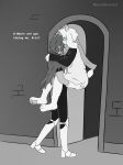 3_toes absurd_res ambiguous_gender anthro black_clothing blush boots bovid butt butt_grab cape caprine carrying_another carrying_partner clothed clothing comic darkner deltarune dialogue door duo embarrassed english_text eyewear feet femboy footwear fully_clothed fur glasses goat green_eyewear green_glasses greyscale hand_on_butt hi_res holding_partner horn human kris_dreemurr legs_around_partner long_ears male male_anthro mammal monochrome nonbinary_(lore) open_door pawpads peachboysmut ralsei scarf shoes short_tail simple_background tail text toes undertale_(series) wall_(structure) wearing_glasses white_body white_fur