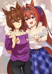  2girls absurdres agnes_tachyon_(casual)_(umamusume) agnes_tachyon_(umamusume) ahoge animal_ears bare_shoulders black_pants blue_skirt blush bra_strap bracelet breasts brown_hair casual closed_mouth collarbone commentary_request daiwa_scarlet_(casual)_(umamusume) daiwa_scarlet_(umamusume) earrings fang frilled_shirt frills hair_between_eyes hair_intakes highres horse_ears horse_girl horse_tail jewelry killtenshi large_breasts long_hair long_sleeves looking_at_viewer medium_breasts medium_hair multiple_girls necklace off-shoulder_shirt off-shoulder_sweater off_shoulder open_mouth pants pearl_bracelet plaid_clothes plaid_skirt purple_shirt purple_sweater red_eyes shirt single_earring skirt smile sweater tail tiara twintails umamusume umamusume_horse_relations very_long_hair white_shirt wolf_cut zoom_layer 