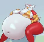 absurd_res anthro avian beak belly belly_grab big_belly big_breasts bird bra breasts clothing debbie_(corgipudding) delibird fan_character female front_view generation_2_pokemon gloves hand_on_breast handwear hi_res huge_belly huge_breasts hyper nintendo odisia pokemon pokemon_(species) pregnant pregnant_anthro pregnant_female simple_background smile solo tail thick_thighs underwear
