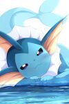 2026 2:3 3_toes ambiguous_feral ambiguous_gender aquatic black_nose blue_body blue_fin blue_tail blush blush_lines ear_fins eeveelution face_squish feet feral fin frill_(anatomy) generation_1_pokemon head_fin head_tilt hi_res kemono light lighting looking_at_viewer lying mouth_closed neck_frill nintendo on_front partially_submerged paws pokemon pokemon_(species) purple_blush purple_sclera quadruped raised_tail rumine shaded simple_background small_nose solo squish tail tail_fin tan_fin thick_tail toes vaporeon water white_background white_eyes