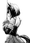  1girl animal_ears back bodice breasts commentary_request detached_sleeves ear_ornament eishin_flash_(meisterschaft)_(umamusume) eishin_flash_(umamusume) greyscale highres holding holding_sword holding_weapon horse_ears horse_girl horse_tail karate_(karatedazey) monochrome parted_lips rapier short_hair skirt small_breasts solo sword tail tail_through_clothes umamusume upper_body weapon 