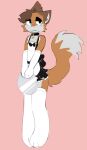 :3 absolute_territory anthro armwear big_tail blue_eyes brown_body brown_fur canid canine clothing collar collar_tag ear_piercing eyeshadow facing_forward femboy fox fur heart_collar_tag hi_res holding_object holding_plate legwear maid_uniform makeup male mammal mochafox_(itsmochafox) orange_body orange_fur piercing pink_background plate shy simple_background skipper_katt solo standing tail thigh_gap thigh_highs true_fox uniform white_body white_clothing white_fur white_legwear white_thigh_highs