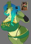 2026 alligator alligatorid anthro armwear big_breasts blue_hair bottomwear brazil brazilian_flag breasts cellphone cleavage clothed clothed_anthro clothed_female clothing crocodilian curvy_figure digital_drawing_(artwork) digital_media_(artwork) electronics english_text eyeshadow female female_anthro fingers gatora_(gatoradeew) gatoradeew green_body green_bottomwear green_clothing green_shorts grey_background hair hi_res holding_cellphone holding_object holding_phone holding_smartphone huge_breasts huge_hips huge_thighs makeup multicolored_body navel non-mammal_breasts non-mammal_navel open_mouth overweight overweight_anthro overweight_female phone portrait reference_image reptile scalie shorts simple_background smartphone solo text text_on_clothing text_on_topwear thick_thighs thong_straps three-quarter_portrait topwear valentina_bonetalli wide_hips