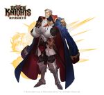  1boy absurdres aragon_(seven_knights_re:birth) armor armored_boots beard black_pants blue_coat boots breastplate coat coat_on_shoulders copyright_logo copyright_name copyright_notice crossed_arms epaulettes explosion facial_hair faulds full_body gauntlets grey_eyes grey_hair highres legs_apart logo looking_at_viewer male_focus mature_male official_art old old_man pants scar scar_on_face seven_knights_re:birth sheath sheathed short_hair solo standing sword transparent_background weapon 