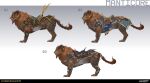 2026 2_horns absurd_res accessory ambiguous_feral ambiguous_gender belly black_nose blue_clothing brown_body brown_fur brown_tail claws clothing colored company_name concept_art curled_horn digital_drawing_(artwork) digital_media_(artwork) english_description english_text felid feral fur furgonomics gradient_background grey_belly grey_teeth gums hi_res highguard_(game) horn horn_jewelry horn_ring iranian_mythology jewelry light lighting mammal mane manticore middle_eastern_mythology multicolored_body multicolored_fur mythology nicholas_patrick_kelana number official_art orange_eyes orange_mane paws pink_gums quadruped red_horn reins ring_(jewelry) saddle shaded sharp_teeth side_view simple_background solo standing stinger tail tail_accessory teeth text toe_claws