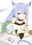  1girl absurdres animal animal_ear_fluff animal_ears bare_shoulders beamed_sixteenth_notes blue_eyes blue_hair cat cat_ears cat_girl cat_tail cellphone closed_mouth collarbone commentary_request eighth_note green_skirt highres long_hair looking_at_viewer multicolored_hair musical_note nyaha off-shoulder_shirt off_shoulder original phone pink_hair pleated_skirt shirt simple_background skirt smile solo streaked_hair tail very_long_hair white_background white_shirt 