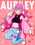  ! 1girl :d animal_ear_headphones animal_ears aqua_eyes aqua_nails aqua_shoes arm_at_side arrow_(symbol) aubrey_(birthday)_(omori) aubrey_(faraway)_(omori) aubrey_(omori) bag bare_shoulders belt black_belt black_shirt blue_bow blue_nails blue_pants blush bow braid cardigan cardigan_partially_removed character_charm character_name charm_(object) clothes_writing clothing_cutout commentary converse copyright_name cup cupcake_bunny_(omori) denim disposable_cup double-parted_bangs drinking_straw english_commentary eyebrows_hidden_by_hair fake_animal_ears forest_bunny?_(omori) full_body green_nails grin hair_between_eyes hair_bow hair_ornament hairclip headphones heart highres holding holding_cup holding_phone hood hood_down hooded_cardigan jeans jewelry jumping long_hair long_sleeves looking_at_viewer low_twin_braids midriff multicolored_nails musical_note nail_polish namara074 navel official_alternate_costume official_alternate_hairstyle omori open_cardigan open_clothes pants parallel_hairclips phone pink_bag pink_cardigan pink_hair pink_nails puffy_long_sleeves puffy_sleeves purple_nails rabbit_ear_headphones rabbit_ears red_background ribbon-trimmed_pants ring shirt shoelaces shoes shoulder_bag simple_background sleeveless sleeveless_shirt smile sneakers solo sparkle star_(symbol) torn_clothes torn_jeans torn_pants twin_braids v-shaped_eyebrows 