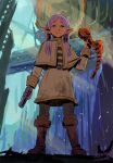  1girl :3 aqua_eyes belt black_pantyhose black_shirt boots brown_boots capelet closed_mouth commentary corpse dated dirty dirty_clothes earrings elf english_commentary frieren full_body gem gold_trim gun hand_up handgun high_collar highres holding holding_gun holding_weapon jacket jewelry kanokoga light_rays long_hair long_pointy_ears looking_at_viewer marathon_(series) marathon_2:_durandal painterly pantyhose parted_bangs pointy_ears pose_imitation red_gem ruins scene_reference science_fiction shirt signature skirt skirt_set smug solo sousou_no_frieren spine standing striped_clothes striped_shirt sunbeam sunlight twintails weapon white_capelet white_jacket white_shirt white_skirt 
