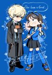  1boy 1girl 1mlandy absurdres black_coat black_pantyhose black_shirt black_shoes black_skirt blonde_hair blue_background blue_bow blue_cardigan blue_ribbon blue_socks blush book bow brown_eyes brown_hair cardigan coat collared_shirt copyright_name cosplay english_text gun hair_bow handgun heathers heathers_the_musical highres holding holding_book holding_gun holding_mallet holding_weapon iwakura_mitsumi jason_dean jason_dean_(cosplay) kneehighs looking_down mallet medium_hair neck_ribbon pantyhose plaid_clothes plaid_shirt pleated_skirt ribbon shima_sousuke shirt shoes short_hair skip_to_loafer skirt socks speech_bubble star_(symbol) trench_coat veronica_sawyer veronica_sawyer_(cosplay) weapon 