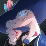 1:1 accessory ambiguous_gender anthro blue_clothing blue_hat blue_headwear blue_jacket blue_necktie blue_topwear cavalier_hat clothing domicceli_decocco generation_7_pokemon hand_on_chin hat hat_feather headgear headwear jacket knowdwagon lgbt_pride loose_feather male_(lore) necktie nintendo pokemon pokemon_(species) pride_colors purple_sclera salazzle scales semi-anthro shiny_pokemon simple_background smile smiling_at_viewer solo teeth_showing topwear trans_(lore) transgender_pride_colors white_body white_scales