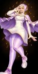  1girl absurdres blonde_hair capelet commentary elbow_gloves english_commentary escoffion fingerless_gloves gloves hairpods hand_up highres ingrid_(capcom) leg_up mary_janes ocorvo_r one_eye_closed pantyhose purple_capelet purple_pantyhose red_eyes shoes solo standing street_fighter street_fighter_6 turtleneck_capelet white_gloves wide_hips 