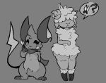 anthro big_ears bovid caprine digital_drawing_(artwork) digital_media_(artwork) duo female feral fur furniture generation_1_pokemon gotbreaded horn long_ears male male/female mammal monochrome nintendo oral pokemon pokemon_(species) pubes question_mark raichu rayi_(gotbreaded) scissors sheep size_difference speech_bubble standing tail wool_(fur) wool_hair