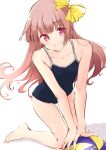  1girl absurdres atelier_(series) atelier_lydie_&amp;_suelle ball bangs bare_arms bare_legs barefoot beachball blue_swimsuit bow breasts closed_mouth collarbone eyebrows_visible_through_hair floating_hair hair_bow highres kneeling long_hair looking_at_viewer minidraco pink_hair red_eyes school_swimsuit shiny shiny_hair shiny_skin simple_background small_breasts smile solo suelle_marlen swimsuit very_long_hair white_background yellow_bow 
