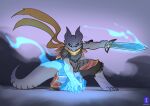 action_pose angry anthro armor billowing_scarf biomechanical black_bottomwear black_clothing black_pants black_sclera blue_eyes bottomwear breastplate clothing crouching digitigrade energy glowing hand_on_ground hi_res inhus_art jets kobold looking_at_viewer magic male melee_weapon pants pose scalie scarf simple_background solo sword trace_chaos weapon yellow_scarf