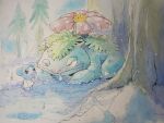  bear blue_fur cold colored_skin cubchoo facing_another flower forest green_skin highres leaf looking_at_another nature outdoors painting_(medium) pokemon pokemon_(creature) pokemon_focus red_eyes red_flower snot traditional_media tree venusaur venusaur-propaganda watercolor_(medium) 
