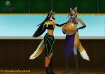 anthro bar beach beach_bar belly beverage big_belly black_body black_fur black_hair blue_body blue_fur blue_highlights blue_sclera blush breasts brown_hair canid canine cleavage clothed clothing colored_nails duo exposed_belly female fetal_movement fur gloves_(marking) green_nails green_sclera hair half-closed_eyes hand_on_belly hand_on_hip hi_res highlights_(coloring) inside lemonade lidiana_(reve102) linea_nigra long_hair looking_at_belly mammal maned_wolf markings midriff nails narrowed_eyes navel open_mouth orange_body orange_fur outie_navel pregnant pregnant_female standing swimwear tail velocatt white_body white_fur wind