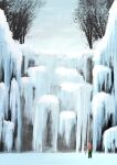  1boy bare_tree baseball_cap brown_sweater cliff commentary_request day facing_away from_behind green_pants hat highres holding holding_pickaxe icicle nemuke_(pixiv_92389422) original outdoors overcast pants pickaxe scenery sky standing sweater tree wide_shot winter 