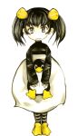  1girl bird black_hair black_sweater blush closed_mouth commentary_request dithering flippers full_body grey_eyes holding holding_pillow holding_stuffed_toy light_frown limited_palette linux linux-tan looking_at_viewer lowres os-tan penguin personification pillow short_hair simple_background sleeves_past_wrists solo standing striped_leggings stuffed_toy sweater syrakousai turtleneck turtleneck_sweater tux twintails white_background yellow_theme 