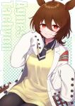  1girl absurdres agnes_tachyon_(tach-nology)_(umamusume) agnes_tachyon_(umamusume) ahoge animal_ears black_necktie black_pantyhose blush breasts brown_hair character_name coat commentary_request cork hair_between_eyes highres horse_ears horse_girl horse_tail lab_coat long_sleeves medium_breasts mntt_re4 necktie open_mouth pantyhose red_eyes shirt short_necktie sleeves_past_fingers sleeves_past_wrists smile solo sweater sweater_vest tail test_tube umamusume white_coat wolf_cut yellow_sweater yellow_sweater_vest 