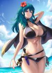  1girl arm_behind_head arm_up armpits bare_arms beach bikini black_bikini black_cape blue_eyes blue_hair blue_sky breasts cape cleavage cloud collarbone commentary covered_nipples cowboy_shot dagger day female_byleth_(fire_emblem) female_byleth_(summer)_(fire_emblem) fire_emblem fire_emblem:_three_houses fire_emblem_heroes flower full_cleavage hair_between_eyes hair_flower hair_ornament hibiscus highres huge_breasts knife long_hair looking_at_viewer navel ocean official_alternate_costume outdoors parted_lips red_flower sheath sheathed side_cape sideboob sidelocks single_bare_shoulder sky smile solo standing stomach suigetu26 swimsuit tassel thick_thighs thighs weapon wristband 