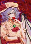  1girl absurdres artist_request ascot back_bow bat_wings blue_hair bow brooch chinese_commentary commentary_request fingernails hat hat_ribbon highres holding jewelry long_fingernails looking_at_viewer medium_hair mob_cap puffy_short_sleeves puffy_sleeves red_ascot red_bow red_eyes red_nails red_wrist_cuffs remilia_scarlet ribbon second-party_source sharp_fingernails shirt short_sleeves skirt skirt_set solo touhou upper_body wings wrist_cuffs yellow_hat yellow_shirt yellow_skirt 