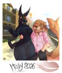 2026 anthro anubian_jackal arthropod awoogasm border_collie bottomwear canid canine canis claws clenched_teeth clothed clothing collie crab crossgender crustacean decapod domestic_dog dress duo ears_up ebony_(awoogasm) fangs female gesture glass hair hand_around_waist hand_in_pocket helena_(awoogasm) herding_dog hi_res jackal kiss_mark looking_at_viewer malacostracan male mammal one_eye_obstructed open_mouth pants pastoral_dog paws picture_frame pockets raised_tail sheepdog shirt signature smile smiling_at_viewer tail teeth text topwear waving waving_at_viewer