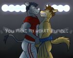 anthro asian_clothing butt canid canine canis chest_to_chest clothing clothing_grab duo east_asian_clothing face_to_face football_gear football_pants football_uniform fuze glaring_at_another horn japanese_clothing kameron_(fuze) male male/male mammal mawashi mawashi_only muscular muscular_anthro muscular_male nipples rhinoceros ryley_(fuze) sexual_tension shaded spotlight standing stare tail text wolf wolf_tail you_make_my_heart_rumble
