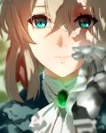  1girl aqua_eyes art_study artist_name ascot blonde_hair blue_jacket brooch close-up closed_mouth dappled_sunlight english_commentary gem green_gem hair_between_eyes hair_ribbon hand_up highres jacket jewelry looking_at_viewer partially_shaded_face prosthesis prosthetic_arm red_ribbon ribbon shade short_hair solkat solo straight-on sunlight violet_evergarden violet_evergarden_(series) white_ascot 