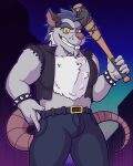 4:5 absurd_res anthro archth bat belt blue_hair bottomwear bracelet brok_the_investigator buckteeth building cel_shading celsius_strays chest_tuft city clothed clothing cowcat_games denim denim_bottomwear denim_clothing dusk eyebrows facial_hair grey_body hair hi_res jacket jeans jewelry leather leather_clothing leather_topwear leather_vest looking_at_viewer male mammal murid murine night notched_ear open_clothing open_jacket open_topwear outline pants rat rodent shaded shirtless sideburns skyscraper smile smirk solo spiked_bracelet spikes squealers_chief star sunset tail teeth thick_eyebrows thick_outline topwear torn_clothing torn_topwear tuft vest weapon whisker_spots whiskers yellow_sclera