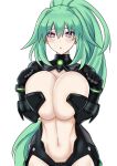 1girl arms_up black_gloves breasts breasts_squeezed_together center_opening cleavage clenched_hands clothing_cutout gloves green_hair green_heart_(neptunia) green_heart_(ultra_dimension) hair_between_eyes high_ponytail highres huge_breasts kami_jigen_game_neptune_v light_blush long_hair looking_at_viewer navel neptune_(series) parted_lips ponytail power_symbol power_symbol-shaped_pupils purple_eyes revealing_clothes shiny_clothes solo symbol-shaped_pupils thigh_cutout very_long_hair white_background zatsu 