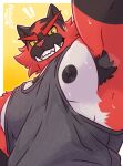 2026 anthro armpit_fetish armpit_hair armpit_showing black_body black_fur black_nipples bodily_fluids body_hair chest_tuft clothing felid feline fur generation_7_pokemon green_eyes half-length_portrait hi_res incineroar looking_at_viewer low-angle_view male mammal multicolored_body multicolored_fur muscular muscular_anthro muscular_male musk musky_armpit mytigertail nintendo nipples oversized_clothing oversized_shirt oversized_topwear pecs pokemon pokemon_(species) portrait raised_arm red_body red_fur shirt simple_background smile smiling_at_viewer smirk smirking_at_viewer solo sweat sweaty_pecs tank_top topwear tuft white_body white_fur yellow_background yellow_sclera