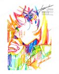  1girl artist_name blush border colorful commentary_request from_side hair_ornament hairclip hands_up highres medium_hair original own_hands_together profile signature solo sweater watanabe_tomari watermark white_border 