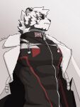  1boy abs animal_ears arknights artist_name bara black_bodysuit bodysuit cross_scar english_commentary from_below furry furry_male highres jacket jacket_on_shoulders looking_at_viewer looking_down male_focus mountain_(arknights) mountain_(hardcore_rider)_(arknights) muscular muscular_male pectorals scar scar_across_eye scar_on_cheek scar_on_face sunglasses tiger_boy tiger_ears tiger_stripes upper_body white_jacket yishier_0012 
