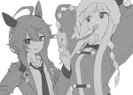  2girls ace_(playing_card) ace_of_diamonds ahoge animal_ears card coat collared_shirt commentary diamond_(shape) ear_covers ear_ornament gold_ship_(umamusume) greyscale hand_up holding holding_card hood hooded_coat horse_ears jacket jewelry long_hair long_sleeves looking_at_viewer mark_under_eye michia_(bourgognepony) monochrome multiple_girls nakayama_festa_(festival_game)_(umamusume) nakayama_festa_(umamusume) necklace open_mouth playing_card shirt single_ear_cover smile umamusume upper_body 