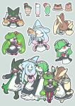  1girl 1other 4girls :3 animal_hands apron black_bow black_dress black_eyes black_sclera blue_hair bob_cut body_fur bow bright_pupils brown_fur burger cake cake_slice chibi chibi_inset clothed_pokemon colored_sclera colored_skin commentary_request crown cup cupcake dress food frilled_apron frills full_body furry furry_female gardevoir green_hair green_skin grey_background hat hatterene highres holding holding_tray joo_gumoon korean_commentary long_hair looking_at_viewer lopunny maid_apron maid_headdress melon_soda meowscarada mini_crown monster_girl multicolored_skin multiple_girls multiple_views open_mouth outline pancake pawpads pink_eyes pink_hair plant_girl pokemon pokemon_(creature) prehensile_hair purple_eyes rabbit_girl short_hair simple_background standing teacup tray tri_tails tsareena two-tone_fur two-tone_skin white_apron white_bow white_eyes white_outline white_pupils white_skin witch_hat yellow_fur 