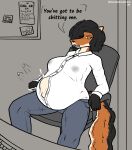 2026 anthro black_body black_fur black_hair black_nose bodily_fluids bottomwear bulletin_board button_(fastener) button_pop canid canine chair clothing collared_shirt digital_drawing_(artwork) digital_media_(artwork) dress_shirt english_description english_text female fetal_movement fox fur furniture grey_bottomwear grey_clothing grey_pants hair hi_res humanoid_hands lactating lactating_through_clothing looking_down looking_down_at_self mammal mayternity mayternity_2026 obscureaccretion office_chair on_chair open_mouth orange_body orange_fur pants pink_tongue pregnant pregnant_anthro pregnant_female profanity red_fox shirt sitting sitting_on_chair solo speech_bubble tail talking_to_self tan_body tan_fur text tongue topwear true_fox wardrobe_malfunction wet wet_clothing white_clothing white_collared_shirt white_dress_shirt white_shirt white_topwear yellow_eyes