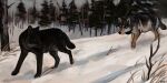 2021 2:1 absurd_res alexpahomov ambiguous_gender black_body black_eyes black_fur black_nose brown_eyes canid canine canis digital_media_(artwork) digital_painting_(artwork) duo evergreen_tree feral forest fur grass grey_body grey_fur hi_res mammal painting_(artwork) pine_tree plant quadruped snow stick tan_body tan_fur tree wolf