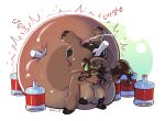 anthro balls bearr_12 belly belly_expansion beverage big_balls big_belly bodily_fluids bovid bovine cum disembodied_hand erection expansion fur genital_fluids genitals hair hi_res huge_balls huge_belly hyper hyper_belly hyper_inflation inflation male mammal nipples nude overweight penis piercing simple_background slate_the_bull slightly_chubby soda solo tail