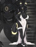2026 anthro anthrofied big_breasts black_body black_eyes black_hair blowup_background breasts clothing demetraa dress eeveelution evening_gown female female_anthro footwear generation_2_pokemon hair hand_on_hip hi_res high_heels jewelry legwear mature_female necklace nintendo pokemon pokemon_(species) pokemorph red_sclera shoes simple_background smile solo standing stockings thick_thighs umbreon white_clothing white_dress white_eyeshadow white_high_heeled_boots wide_hipped_female wide_hips yellow_body