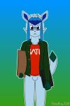 2:3 anthro blue_body blue_ears blue_eyes blue_fur bottomless brady_d'arco cardboard clothed clothing computer eeveelution electronics eyewear fur generation_4_pokemon glaceon glasses green_body green_clothing green_fur hi_res jacket laptop logo_on_clothing male nintendo pokemon pokemon_(species) poker_face red_clothing scoutthecat02 shirt solo t-shirt text text_on_clothing text_on_shirt text_on_topwear topwear wearing_glasses